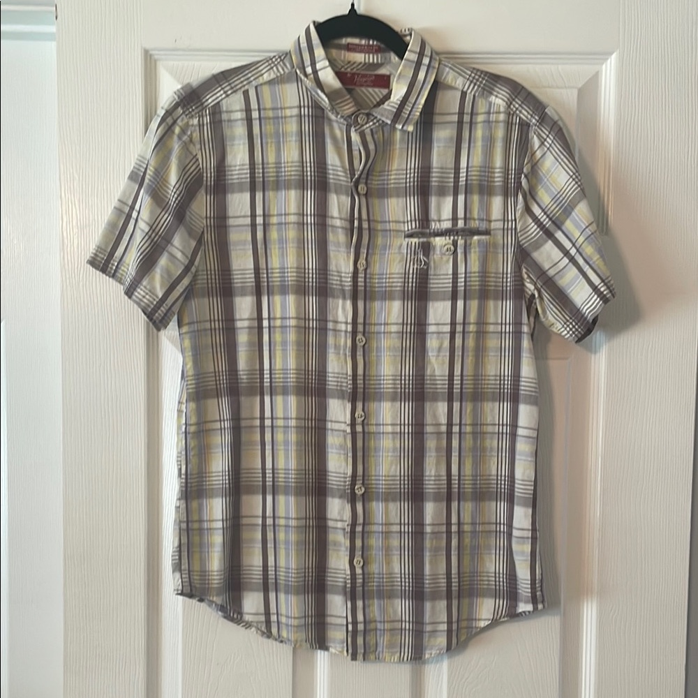 Original Penguin Short-Sleeve Plaid Button-Down in Yellow and Gray